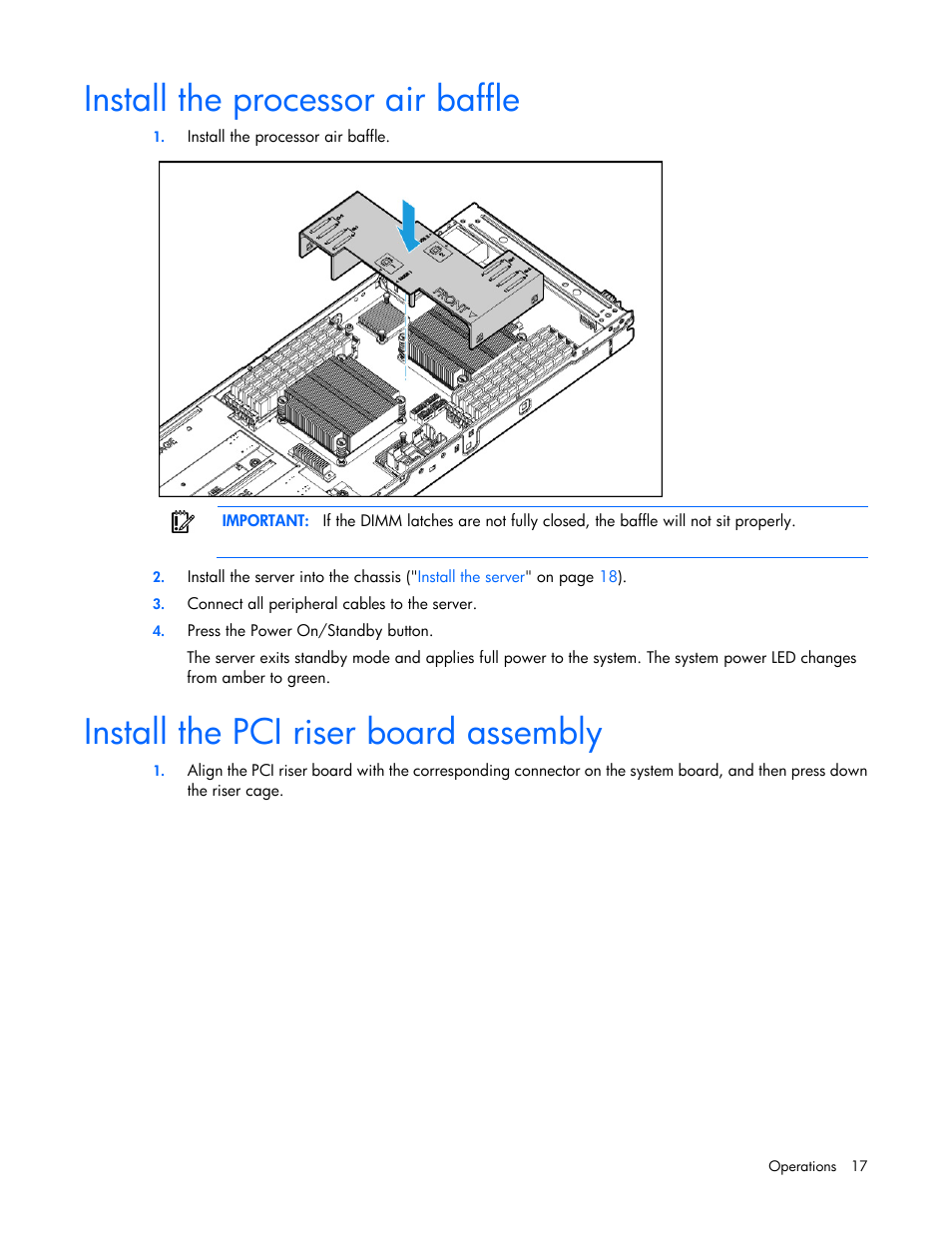 Install the processor air baffle, Install the pci riser board assembly | HP ProLiant XL220a Gen8 v2-Server User Manual | Page 17 / 74