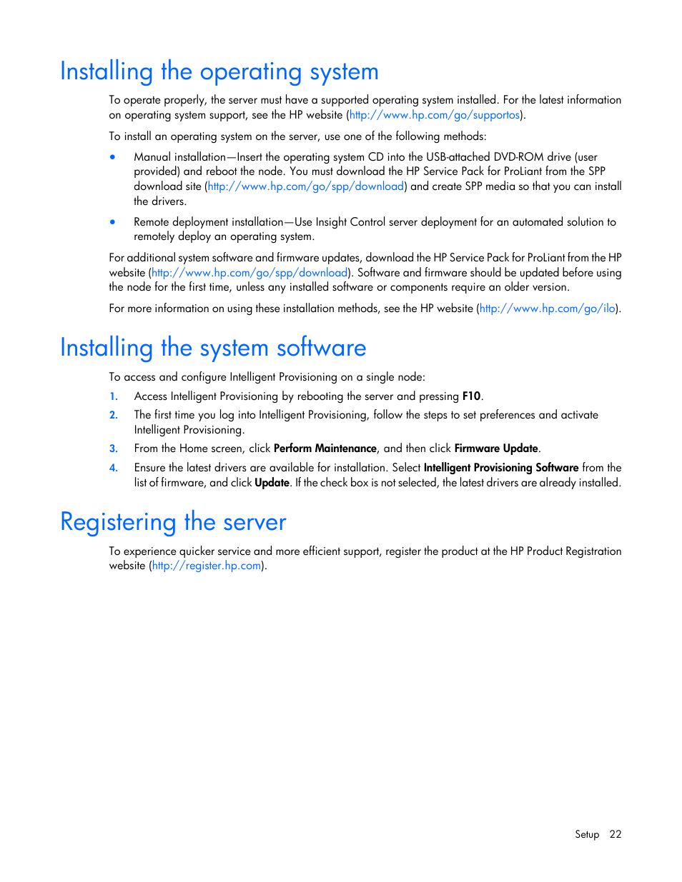 Installing the operating system, Installing the system software, Registering the server | HP ProLiant XL220a Gen8 v2-Server User Manual | Page 22 / 74