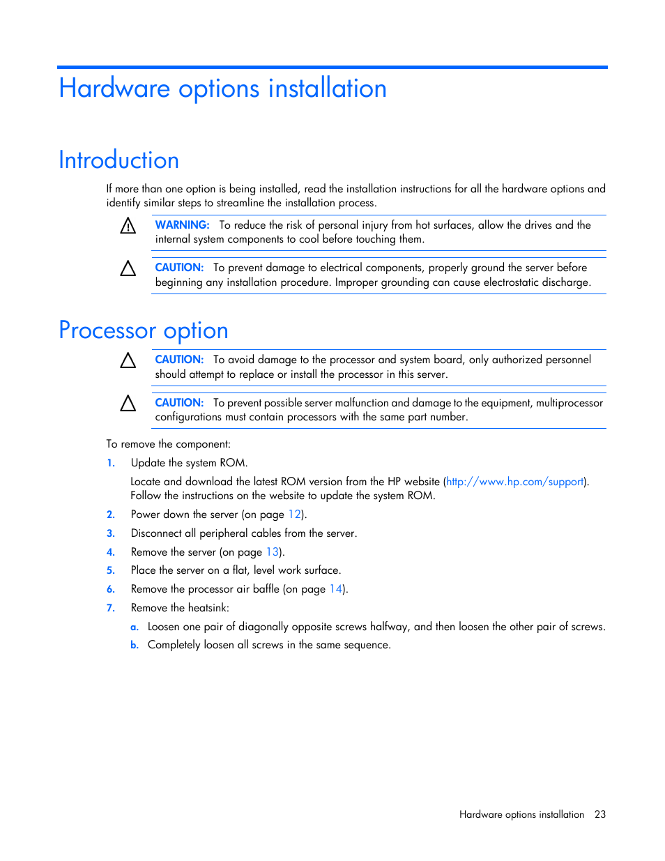 Hardware options installation, Introduction, Processor option | HP ProLiant XL220a Gen8 v2-Server User Manual | Page 23 / 74