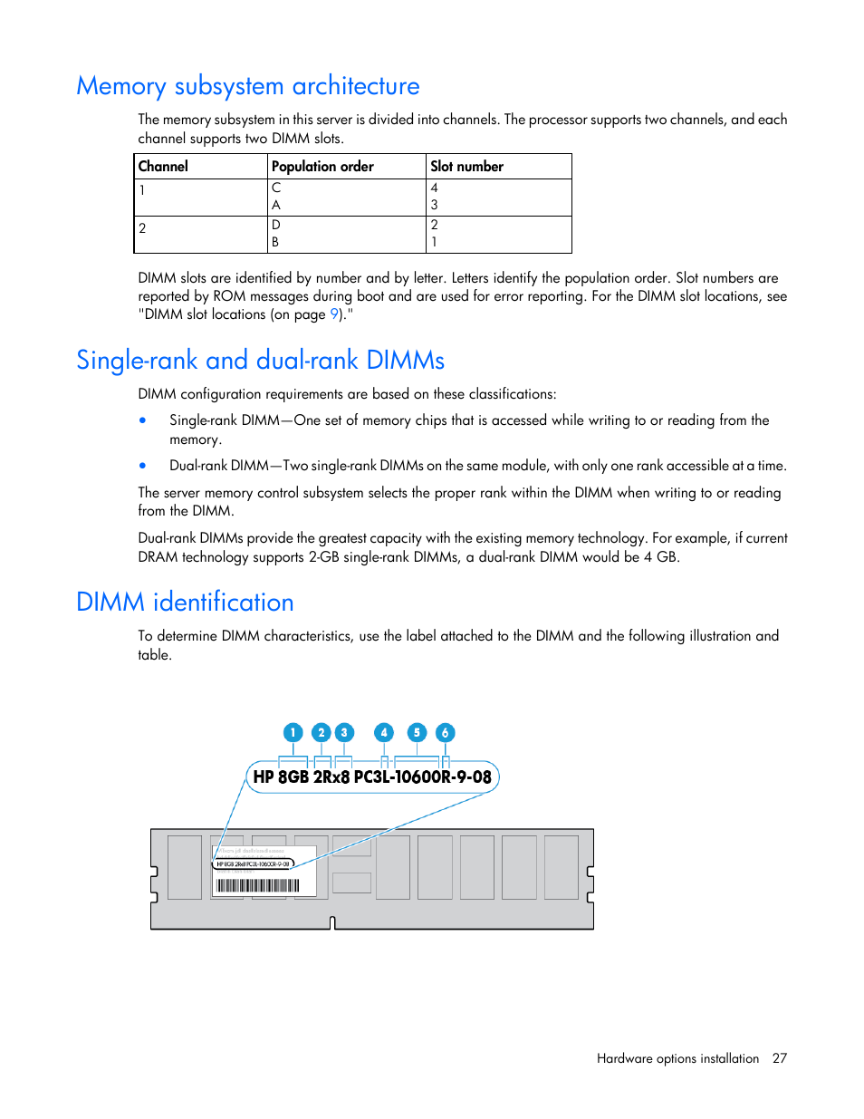 Memory subsystem architecture, Single-rank and dual-rank dimms, Dimm identification | HP ProLiant XL220a Gen8 v2-Server User Manual | Page 27 / 74