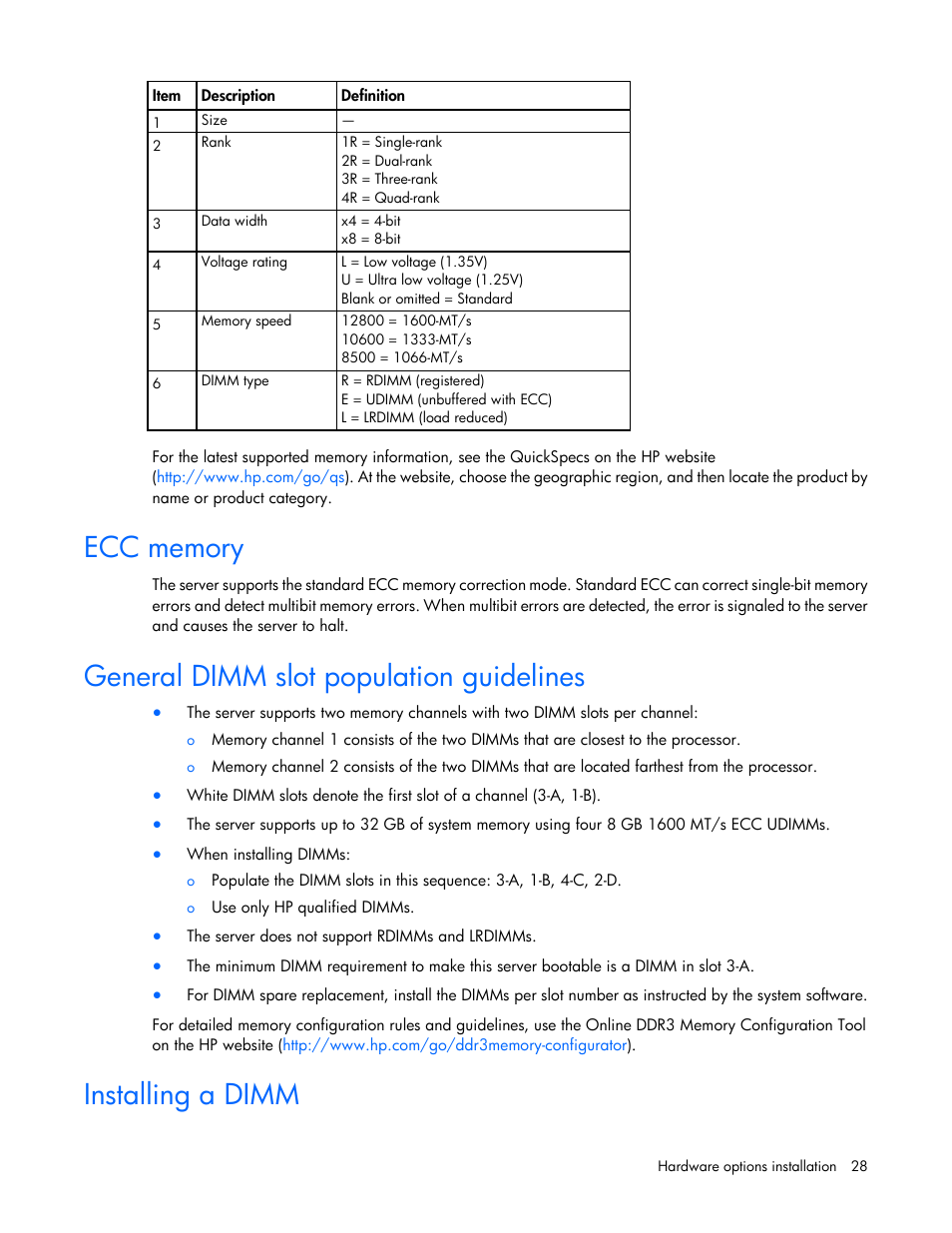 Ecc memory, General dimm slot population guidelines, Installing a dimm | HP ProLiant XL220a Gen8 v2-Server User Manual | Page 28 / 74