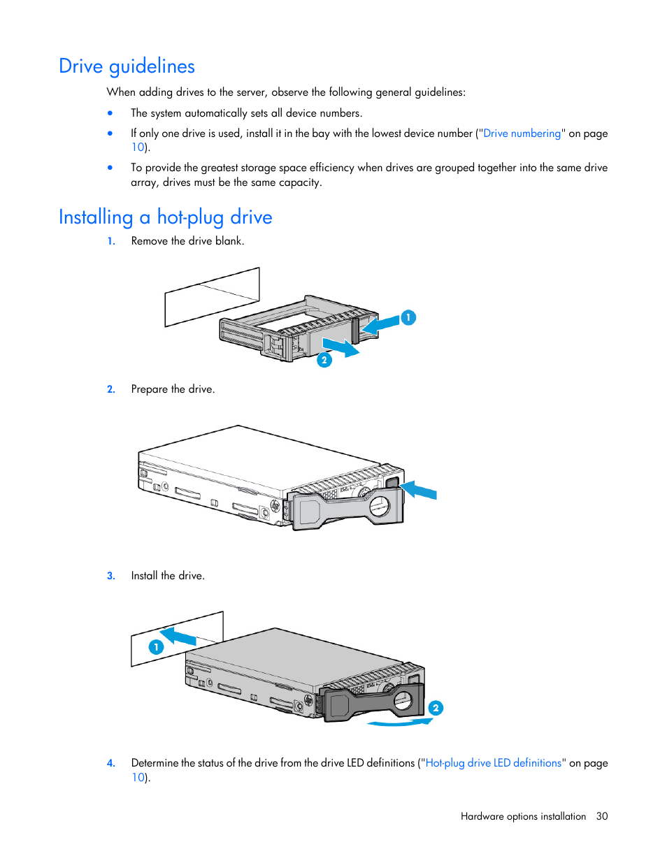 Drive guidelines, Installing a hot-plug drive | HP ProLiant XL220a Gen8 v2-Server User Manual | Page 30 / 74