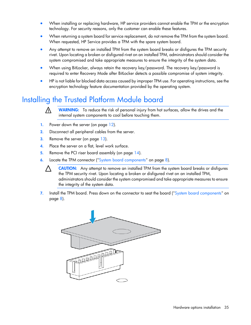 Installing the trusted platform module board | HP ProLiant XL220a Gen8 v2-Server User Manual | Page 35 / 74