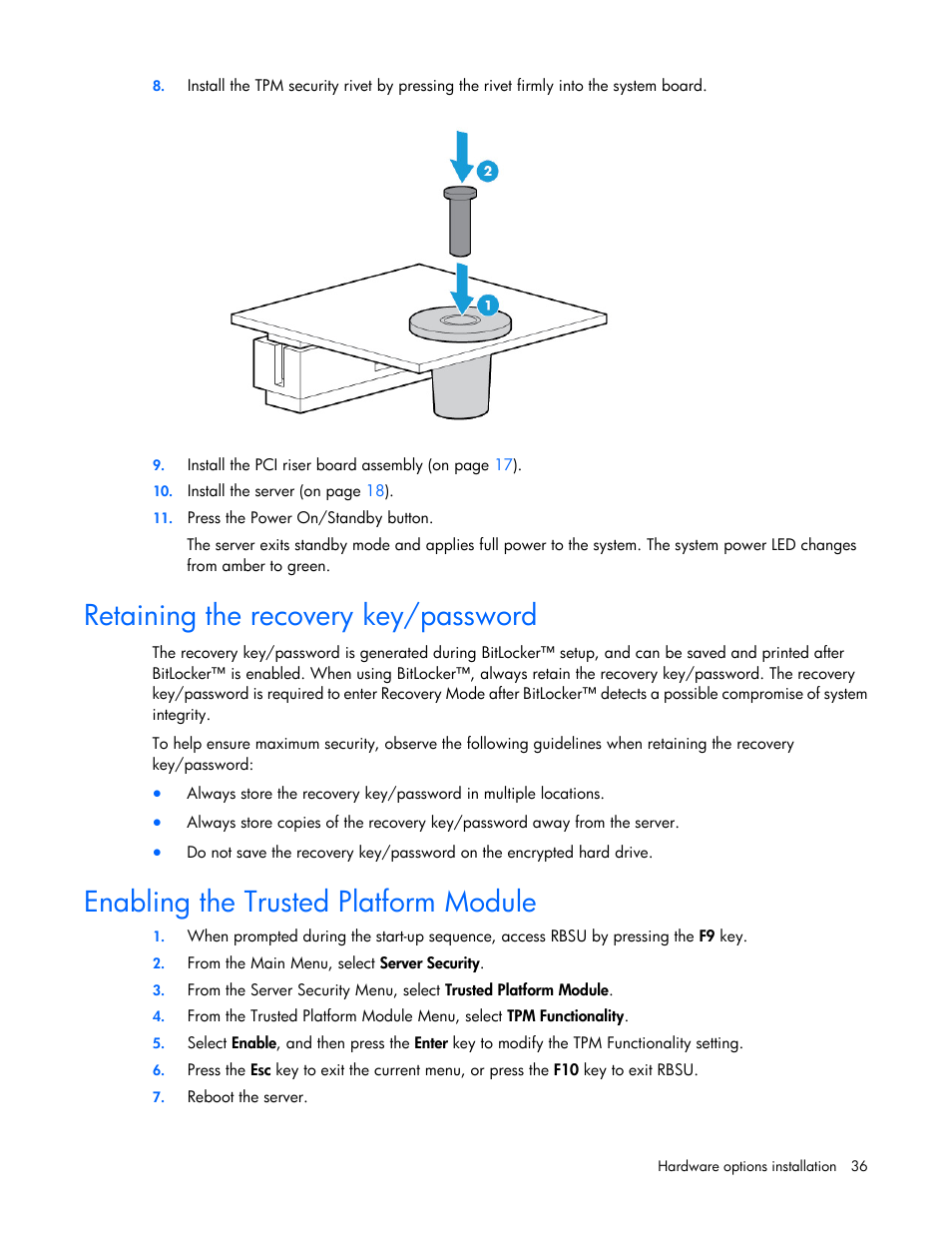 Retaining the recovery key/password, Enabling the trusted platform module | HP ProLiant XL220a Gen8 v2-Server User Manual | Page 36 / 74