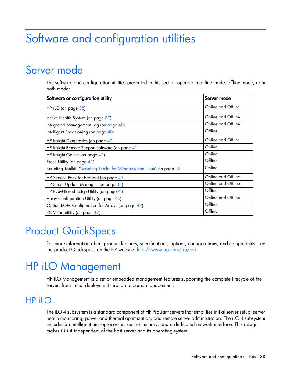 Software and configuration utilities, Server mode, Product quickspecs | Hp ilo management, Hp ilo | HP ProLiant XL220a Gen8 v2-Server User Manual | Page 38 / 74