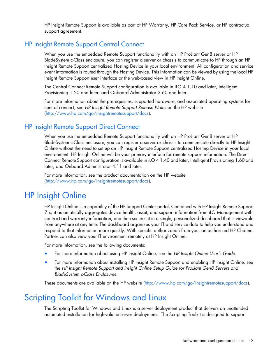 Hp insight remote support central connect, Hp insight remote support direct connect, Hp insight online | Scripting toolkit for windows and linux | HP ProLiant XL220a Gen8 v2-Server User Manual | Page 42 / 74