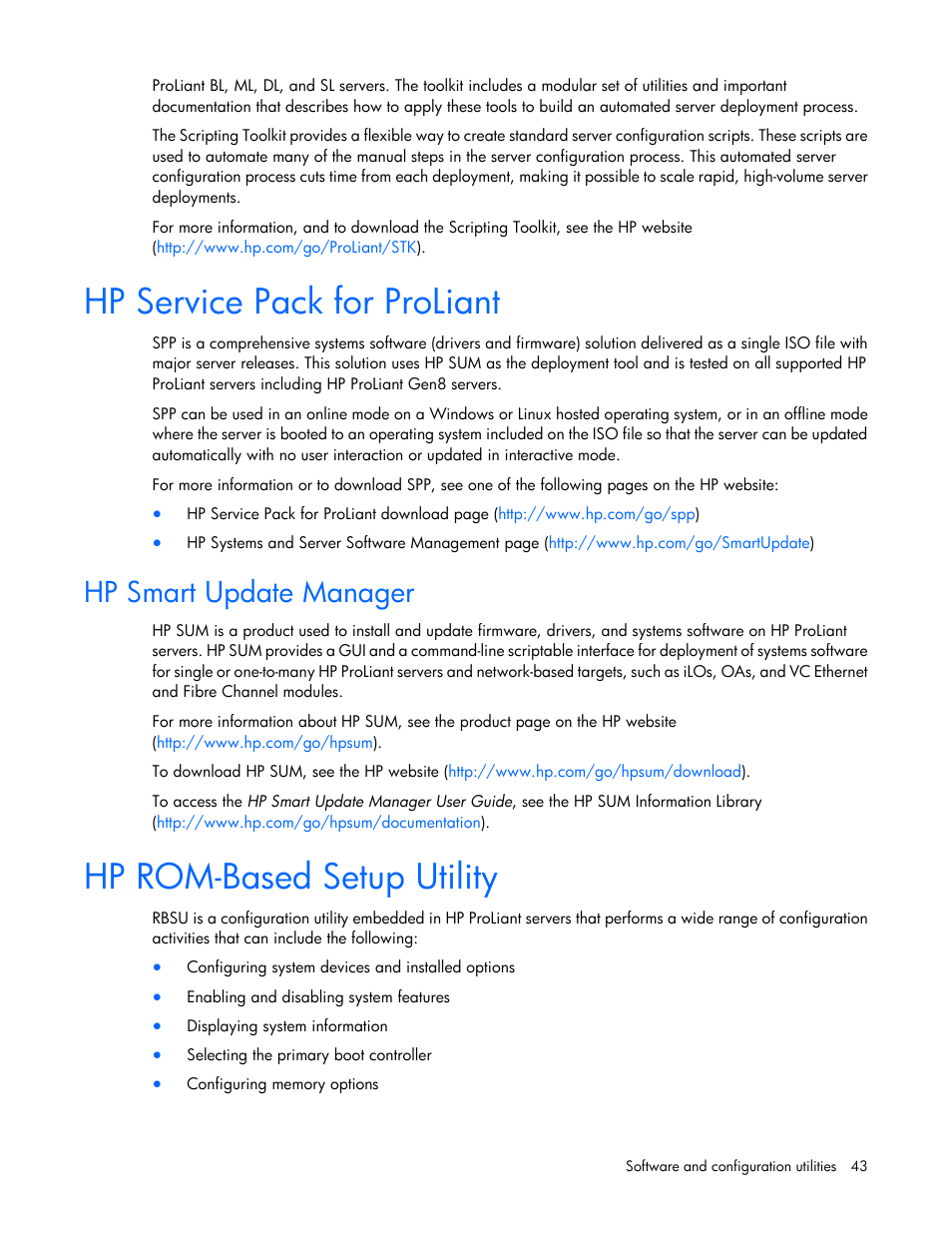 Hp service pack for proliant, Hp smart update manager, Hp rom-based setup utility | HP ProLiant XL220a Gen8 v2-Server User Manual | Page 43 / 74
