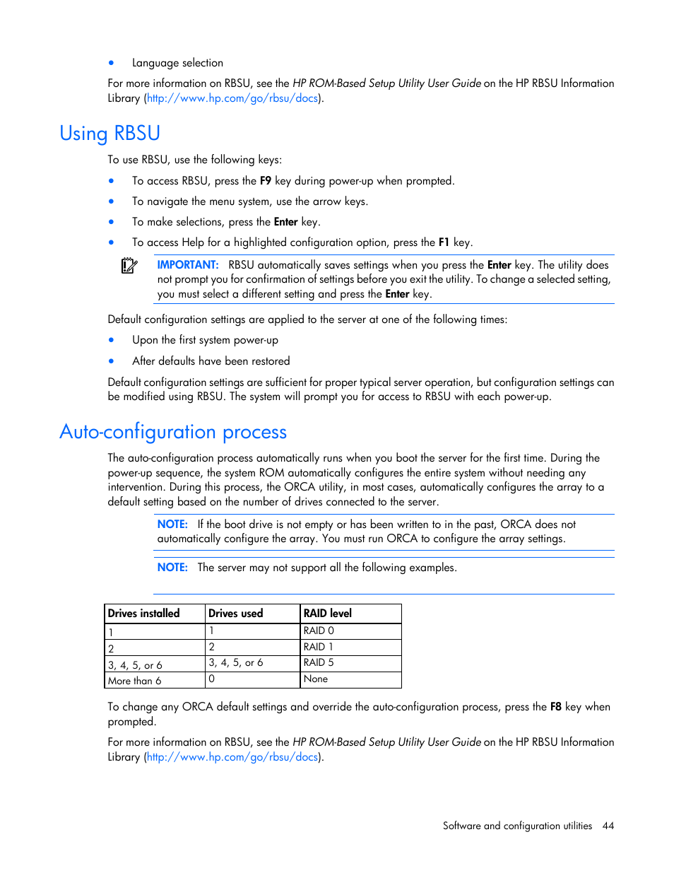 Using rbsu, Auto-configuration process | HP ProLiant XL220a Gen8 v2-Server User Manual | Page 44 / 74