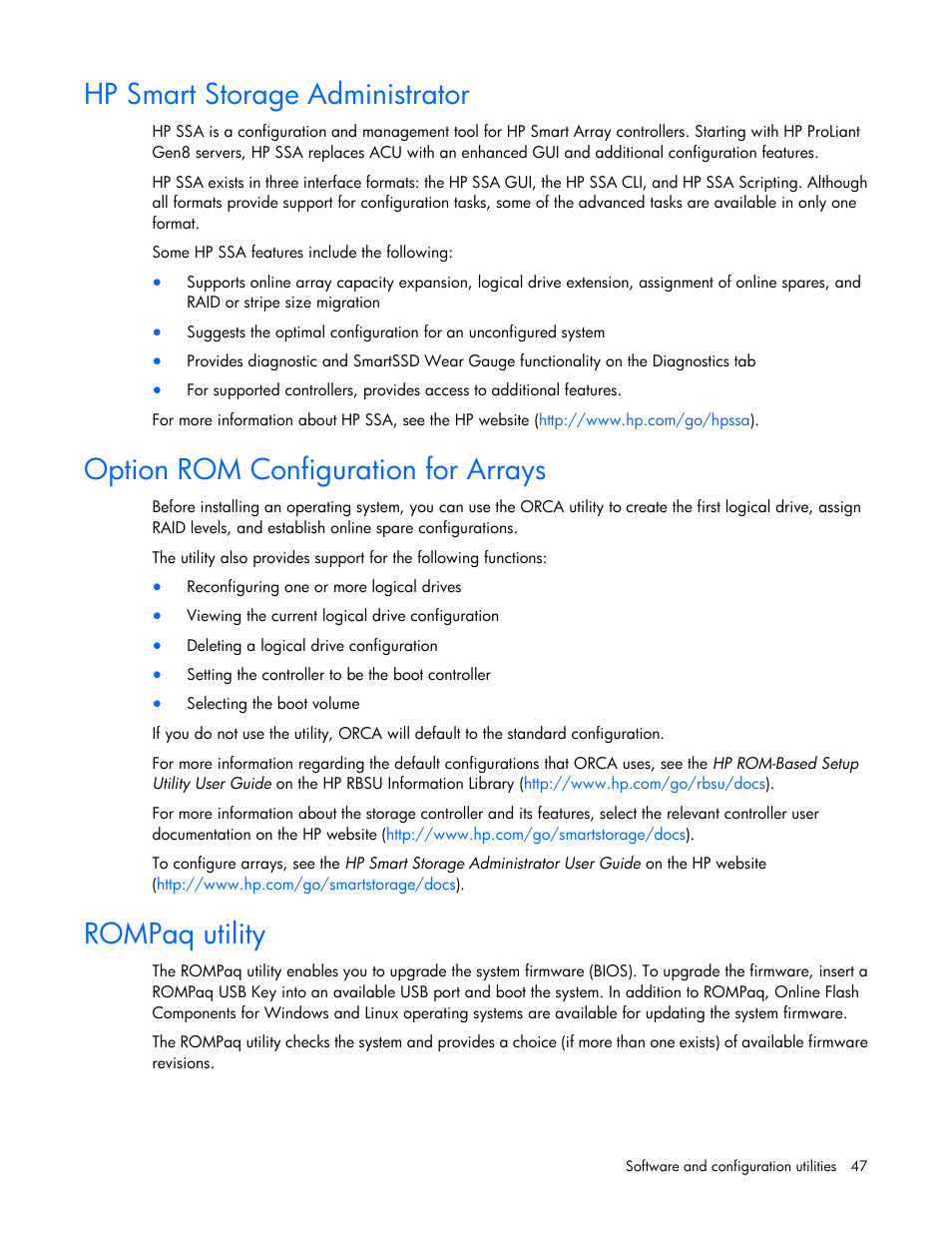 Hp smart storage administrator, Option rom configuration for arrays, Rompaq utility | HP ProLiant XL220a Gen8 v2-Server User Manual | Page 47 / 74