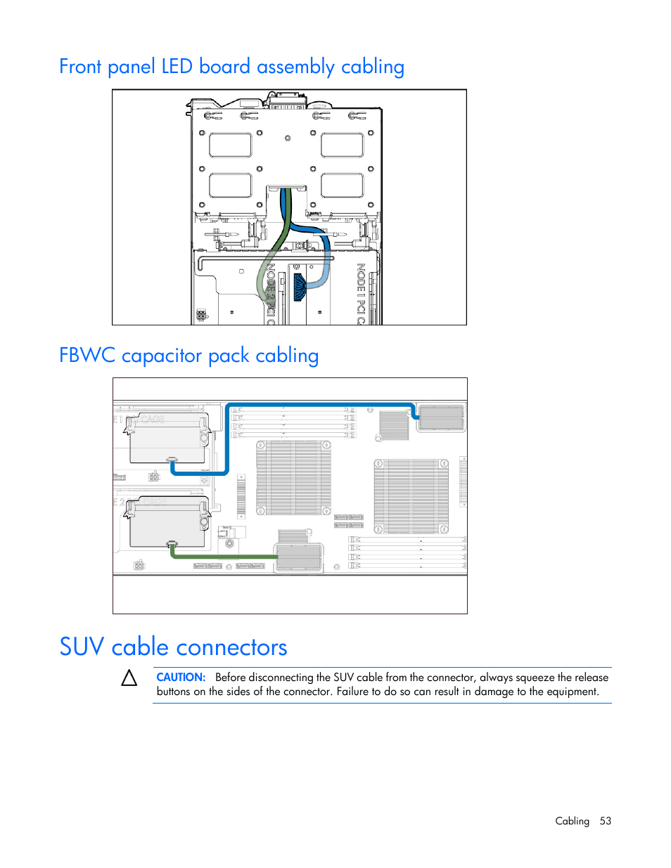Front panel led board assembly cabling, Fbwc capacitor pack cabling, Suv cable connectors | HP ProLiant XL220a Gen8 v2-Server User Manual | Page 53 / 74