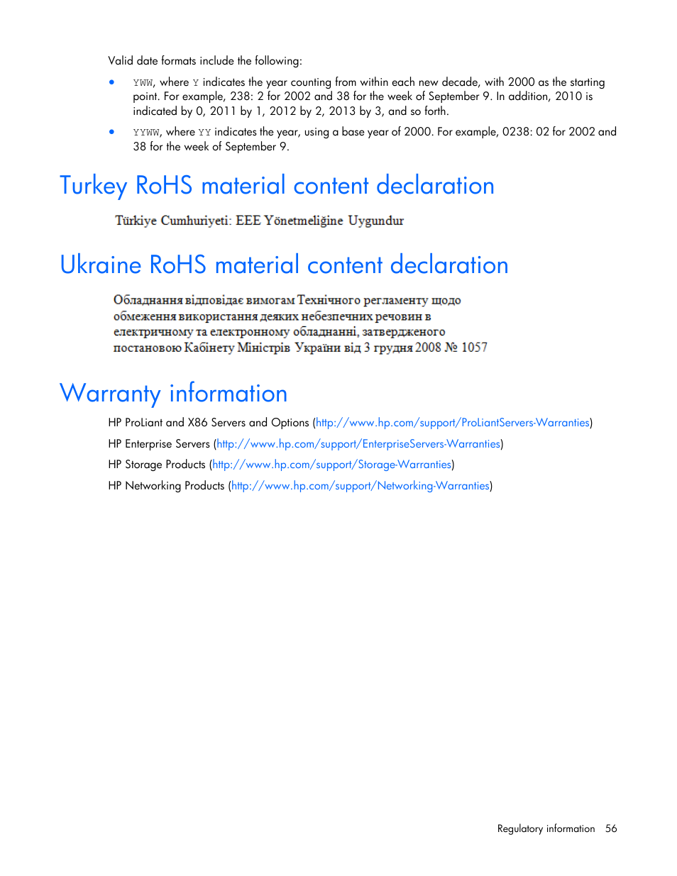 Turkey rohs material content declaration, Ukraine rohs material content declaration, Warranty information | HP ProLiant XL220a Gen8 v2-Server User Manual | Page 56 / 74