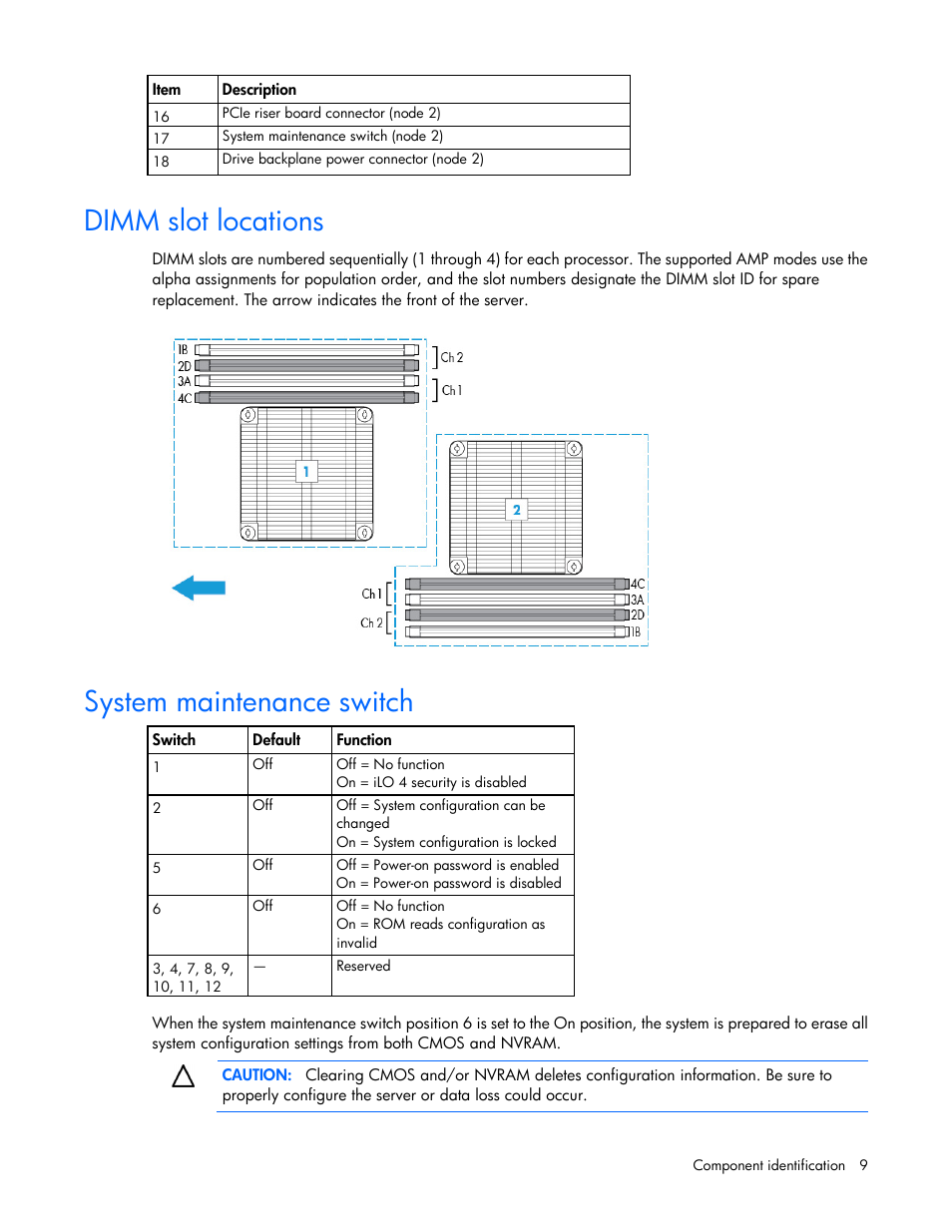 Dimm slot locations, System maintenance switch | HP ProLiant XL220a Gen8 v2-Server User Manual | Page 9 / 74