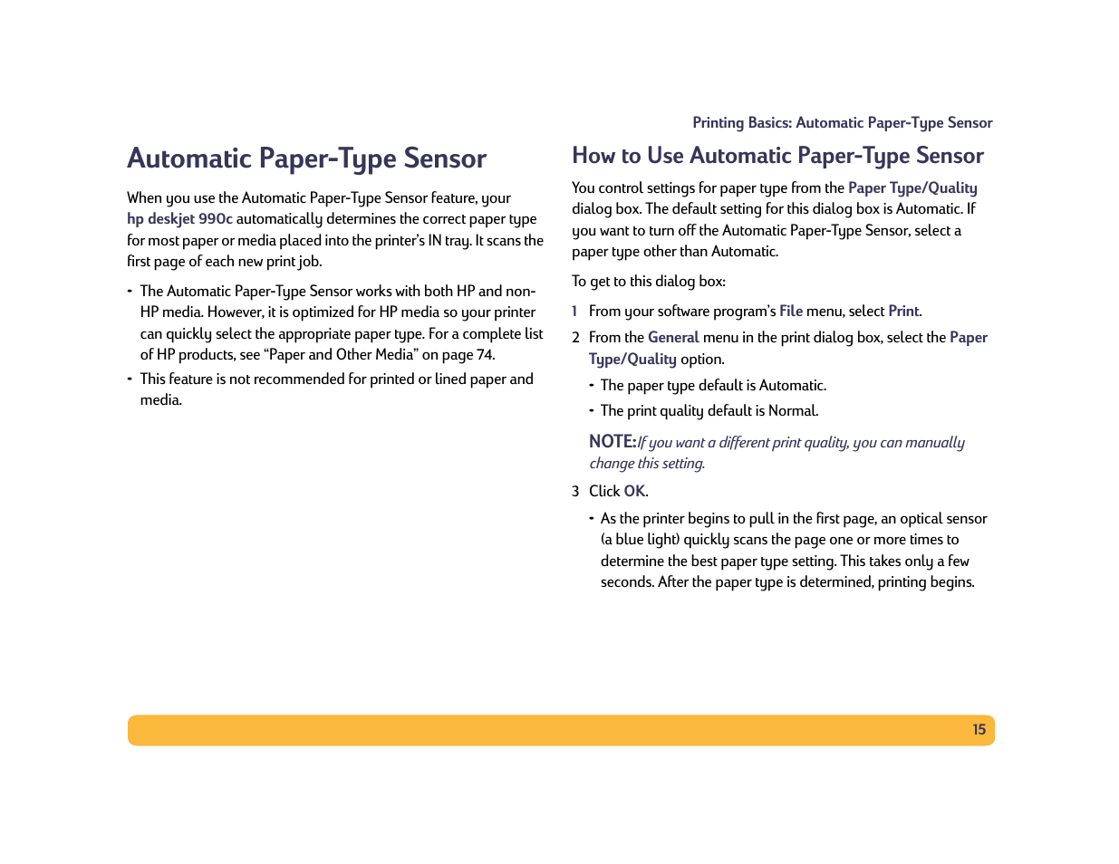 Automatic paper-type sensor, How to use automatic paper-type sensor | HP Deskjet 990cxi Printer User Manual | Page 15 / 85