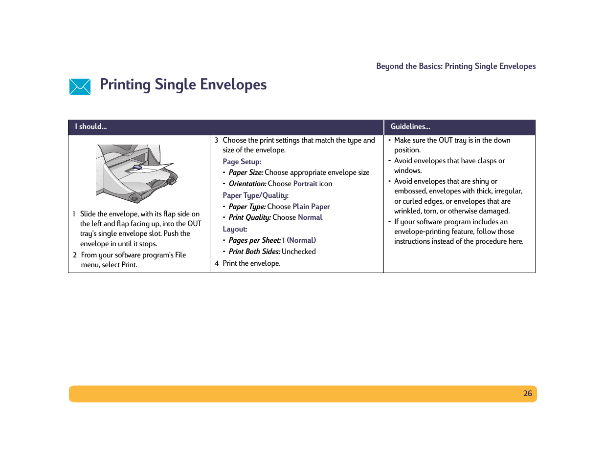 Printing single envelopes | HP Deskjet 990cxi Printer User Manual | Page 26 / 85