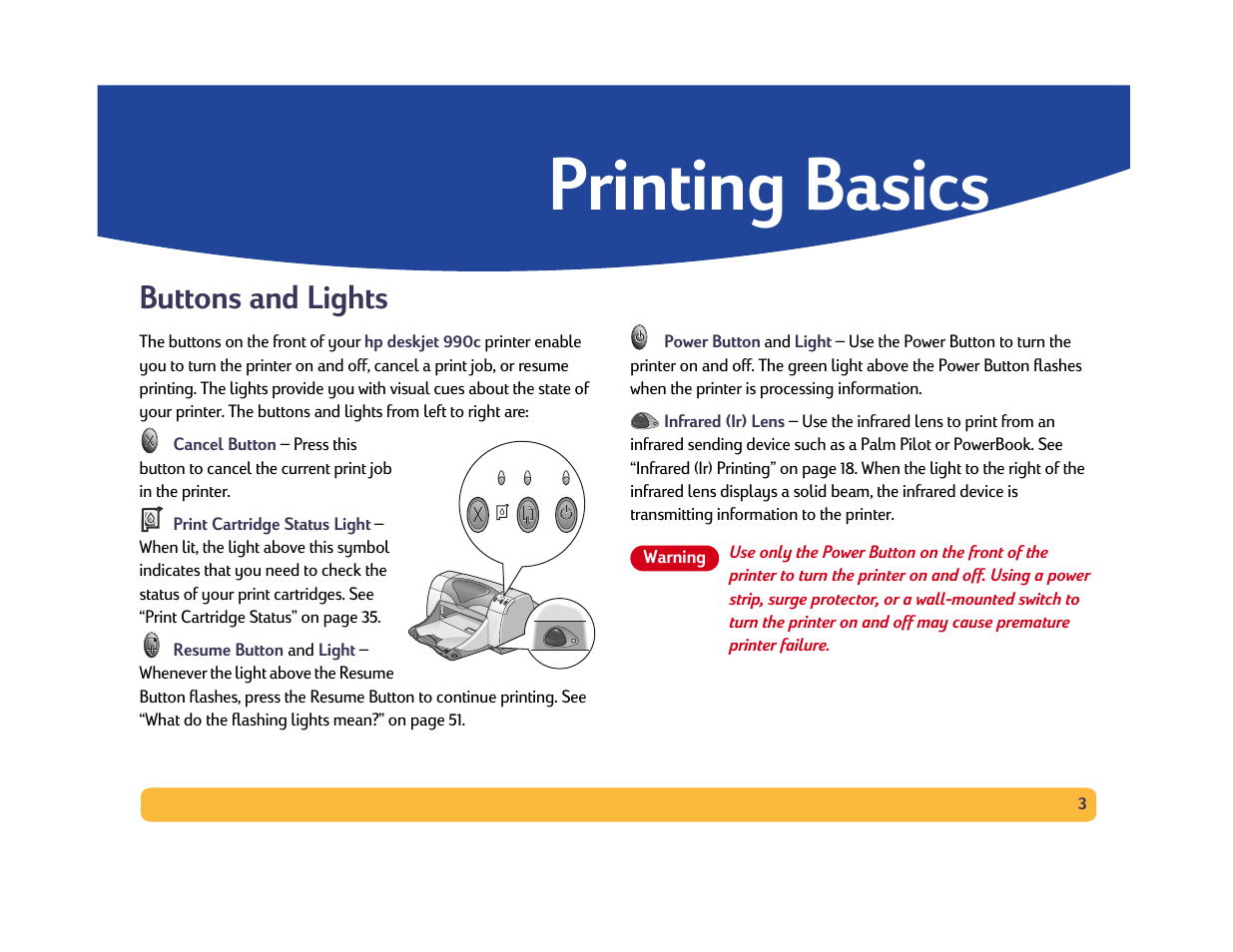 Printing basics, Buttons and lights | HP Deskjet 990cxi Printer User Manual | Page 3 / 85