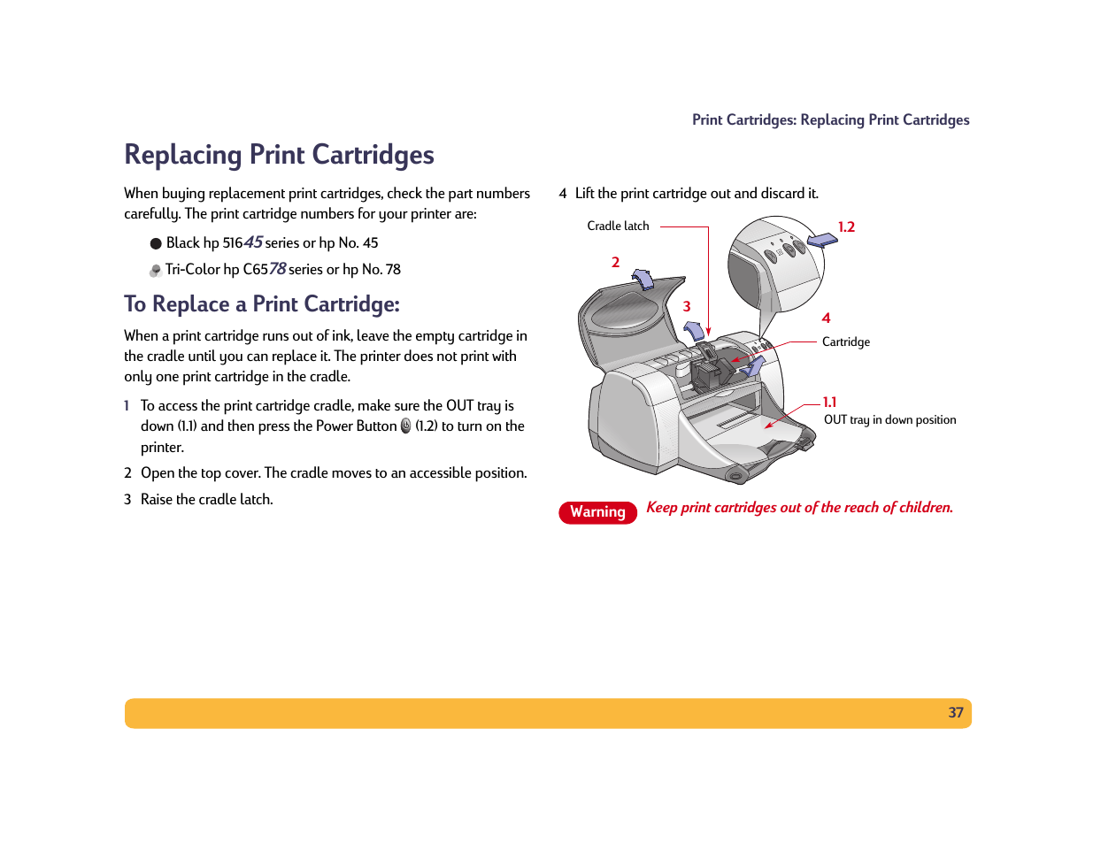 Replacing print cartridges, To replace a print cartridge | HP Deskjet 990cxi Printer User Manual | Page 37 / 85