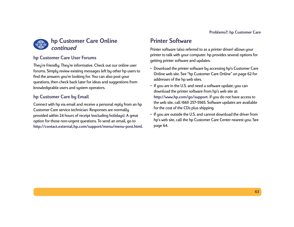 Hp customer care online continued, Printer software | HP Deskjet 990cxi Printer User Manual | Page 63 / 85