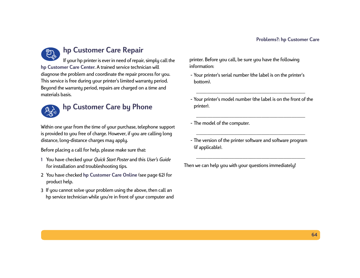 Hp customer care repair, Hp customer care by phone | HP Deskjet 990cxi Printer User Manual | Page 64 / 85