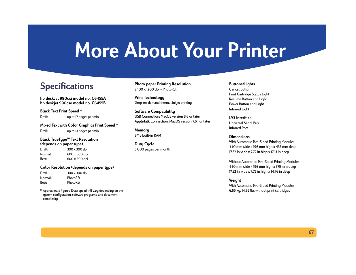 More about your printer, Specifications | HP Deskjet 990cxi Printer User Manual | Page 67 / 85