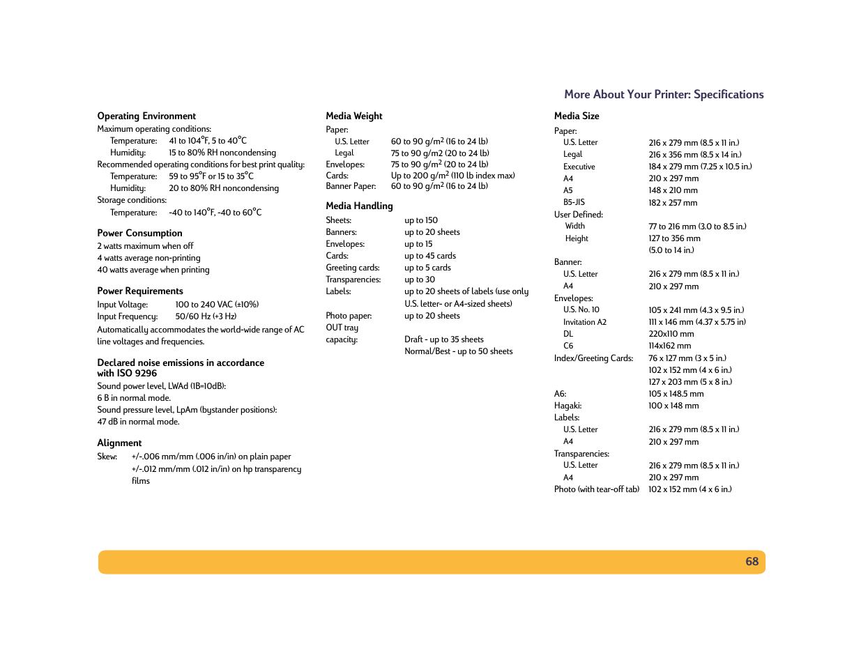 68 more about your printer: specifications | HP Deskjet 990cxi Printer User Manual | Page 68 / 85