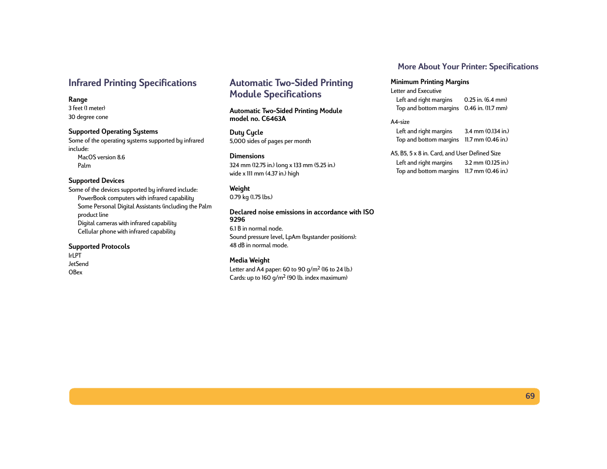 Infrared printing specifications, Automatic two-sided printing module specifications | HP Deskjet 990cxi Printer User Manual | Page 69 / 85