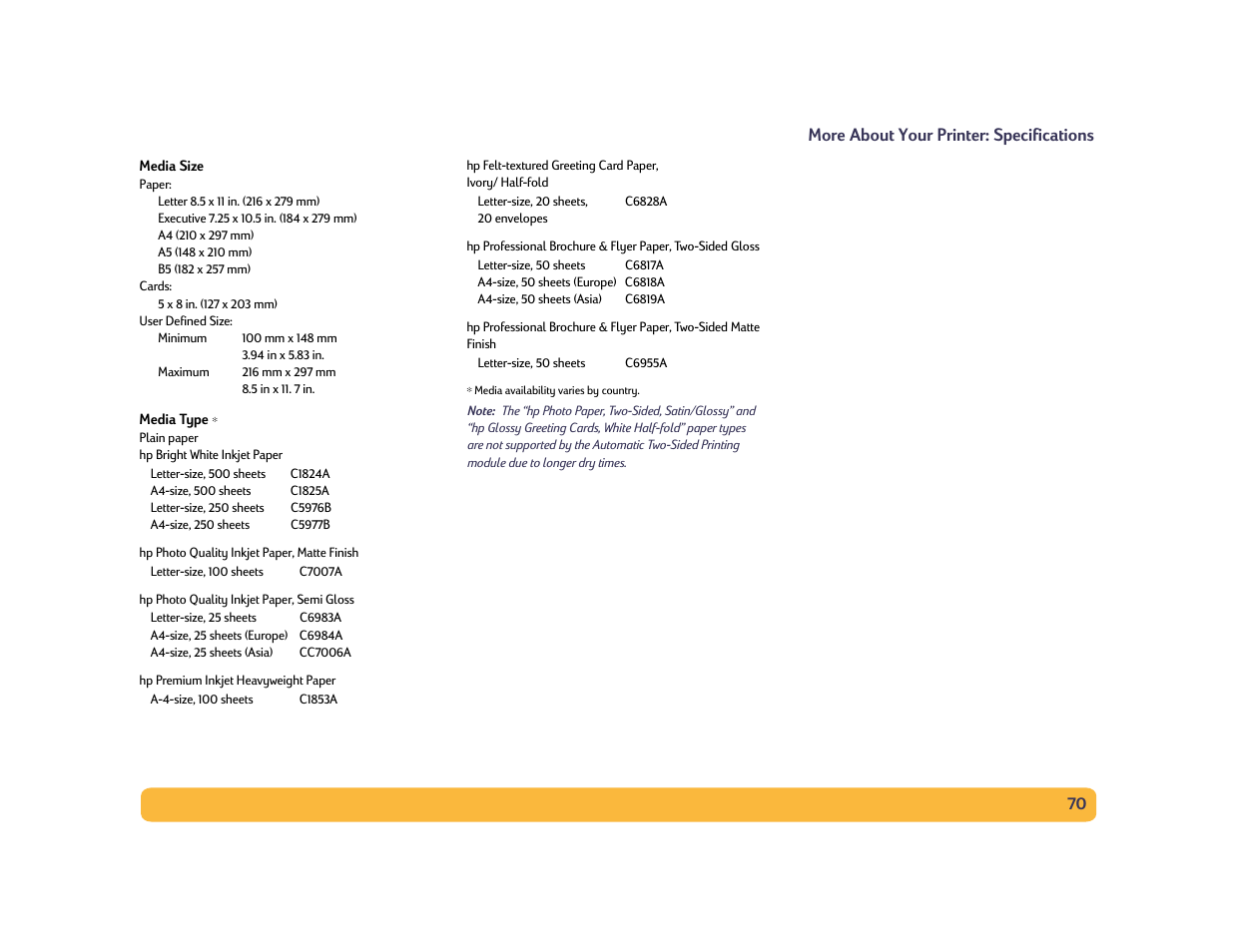 70 more about your printer: specifications | HP Deskjet 990cxi Printer User Manual | Page 70 / 85