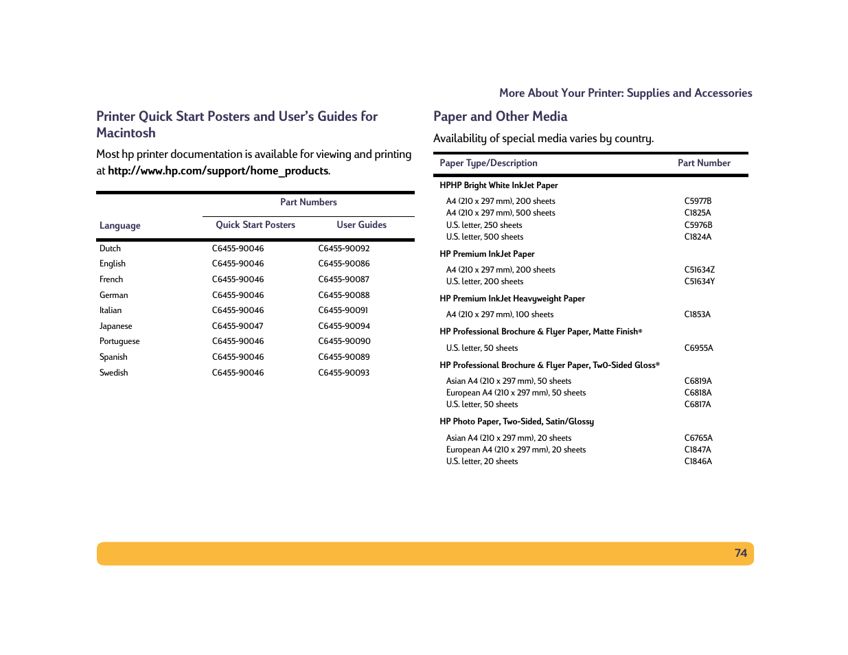 Paper and other media, Availability of special media varies by country | HP Deskjet 990cxi Printer User Manual | Page 74 / 85
