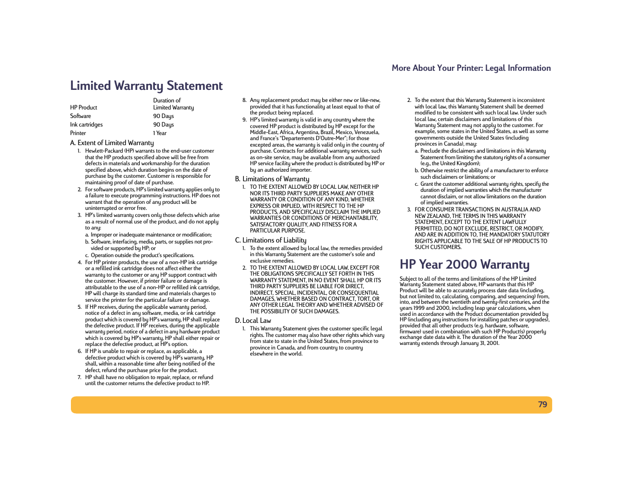 Limited warranty statement, Hp year 2000 warranty, 79 more about your printer: legal information | HP Deskjet 990cxi Printer User Manual | Page 79 / 85