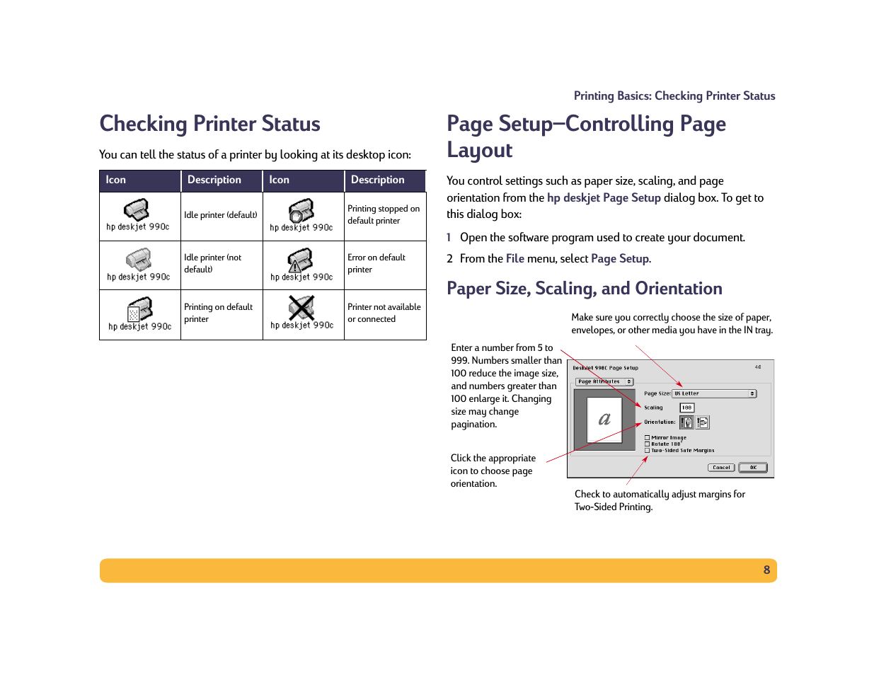 Checking printer status, Paper size, scaling, and orientation, Page setup–controlling page layout | HP Deskjet 990cxi Printer User Manual | Page 8 / 85