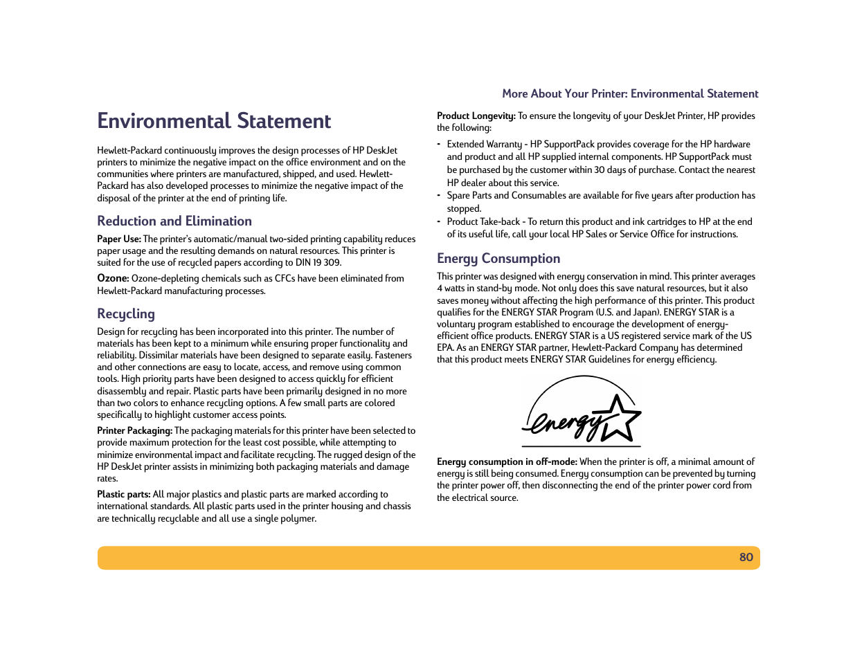 Environmental statement | HP Deskjet 990cxi Printer User Manual | Page 80 / 85