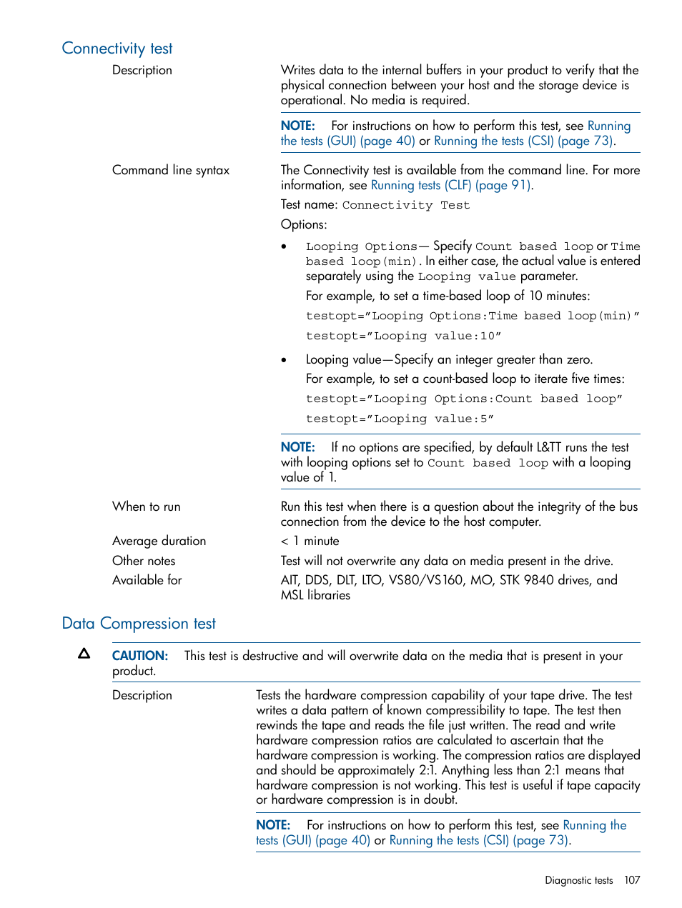 Connectivity test, Data compression test, Connectivity test data compression test | HP StoreEver TapeAssure Software User Manual | Page 107 / 213