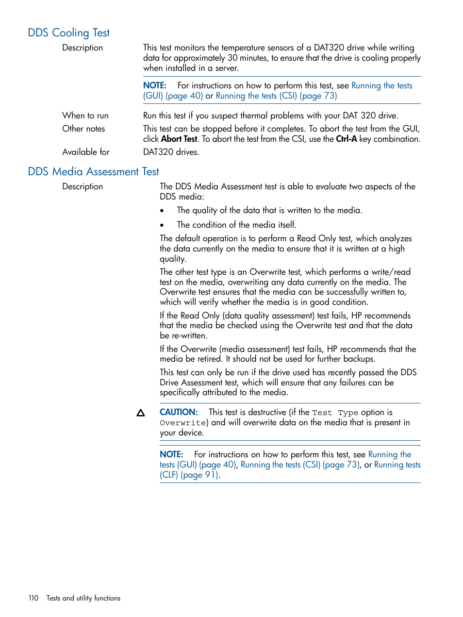 Dds cooling test, Dds media assessment test, Dds cooling test dds media assessment test | HP StoreEver TapeAssure Software User Manual | Page 110 / 213