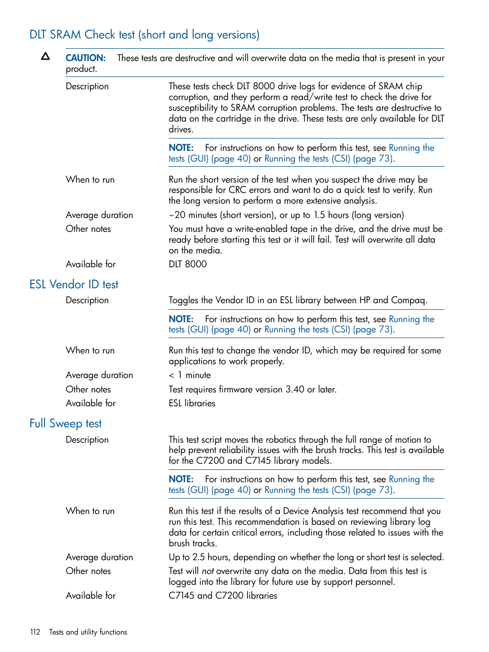 Dlt sram check test (short and long versions), Esl vendor id test, Full sweep test | HP StoreEver TapeAssure Software User Manual | Page 112 / 213