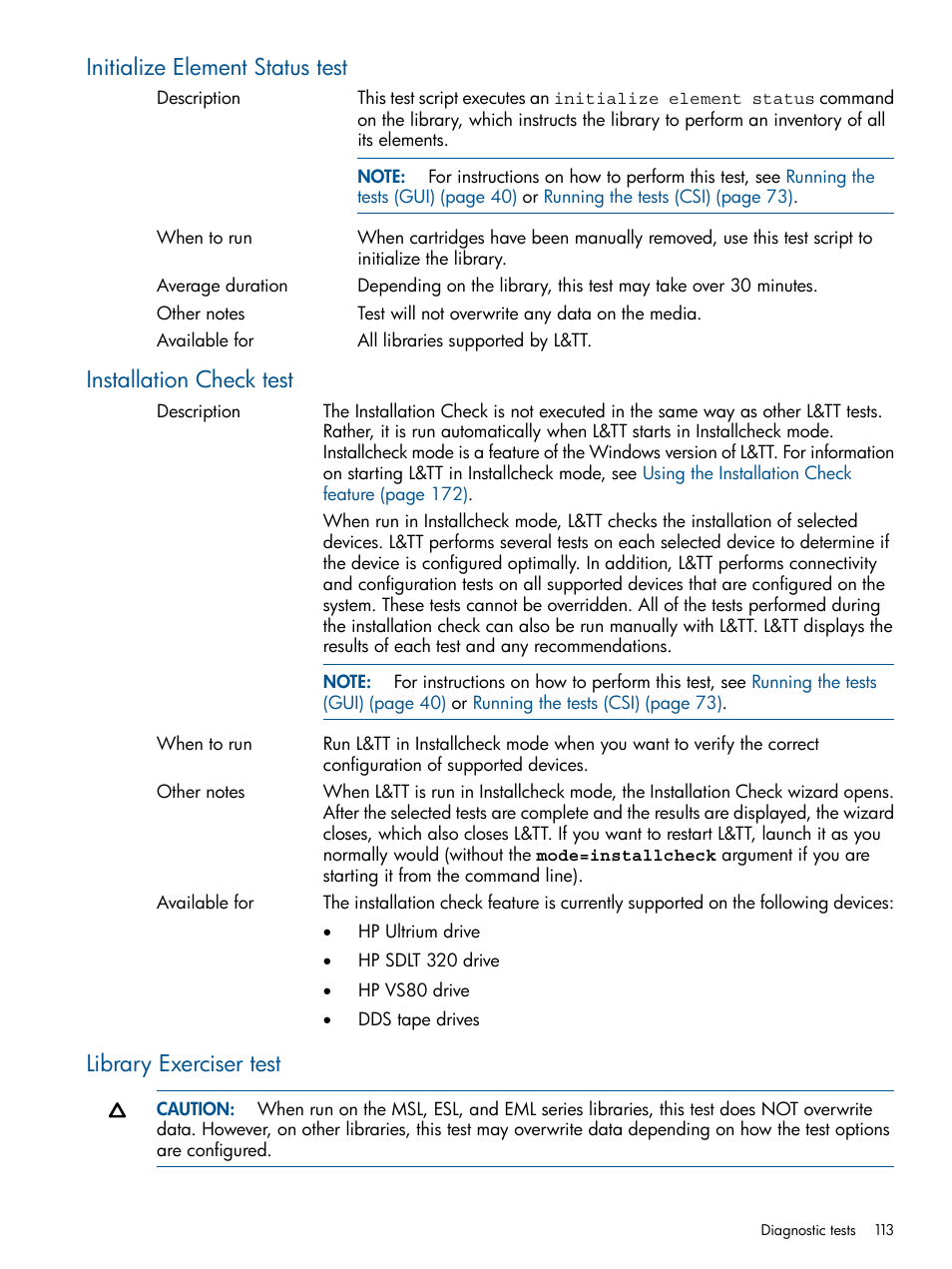 Initialize element status test, Installation check test, Library exerciser test | Library exercisor test | HP StoreEver TapeAssure Software User Manual | Page 113 / 213