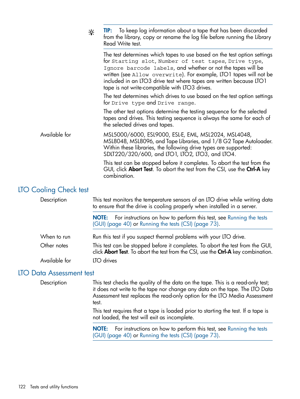 Lto cooling check test, Lto data assessment test, Lto cooling check test lto data assessment test | HP StoreEver TapeAssure Software User Manual | Page 122 / 213