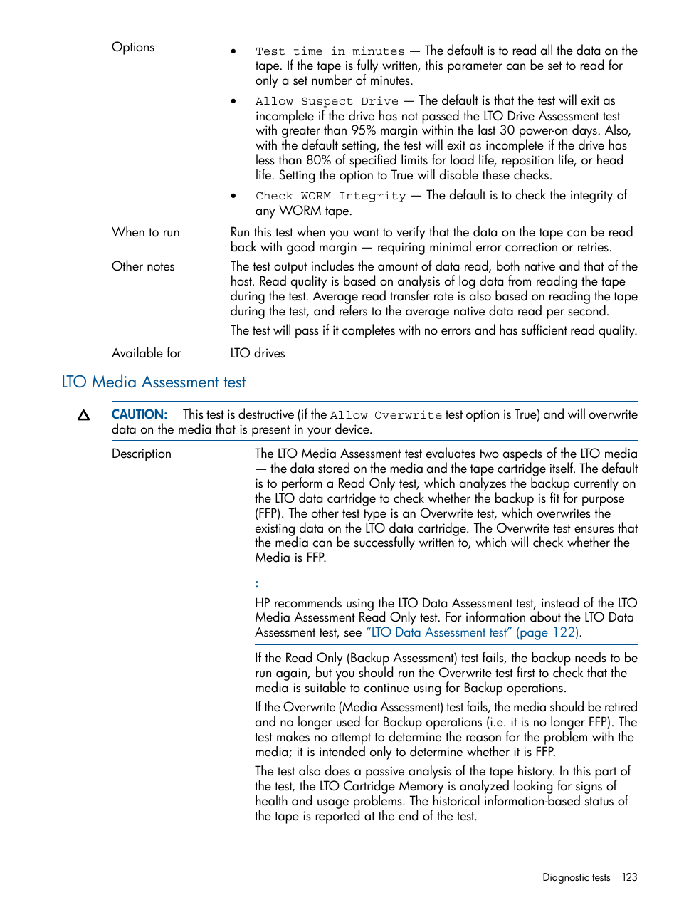 Lto media assessment test | HP StoreEver TapeAssure Software User Manual | Page 123 / 213