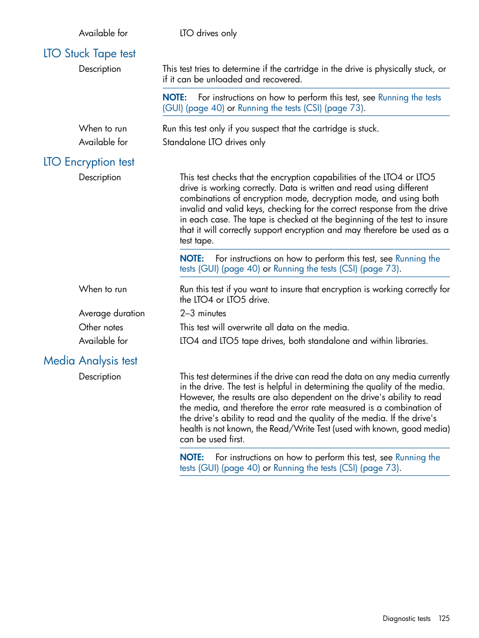 Lto stuck tape test, Lto encryption test, Media analysis test | HP StoreEver TapeAssure Software User Manual | Page 125 / 213