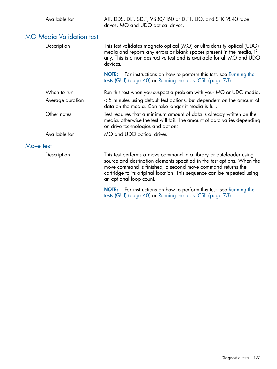 Mo media validation test, Move test, Mo media validation test move test | HP StoreEver TapeAssure Software User Manual | Page 127 / 213