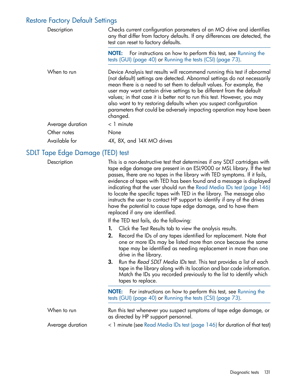 Restore factory default settings, Sdlt tape edge damage (ted) test | HP StoreEver TapeAssure Software User Manual | Page 131 / 213