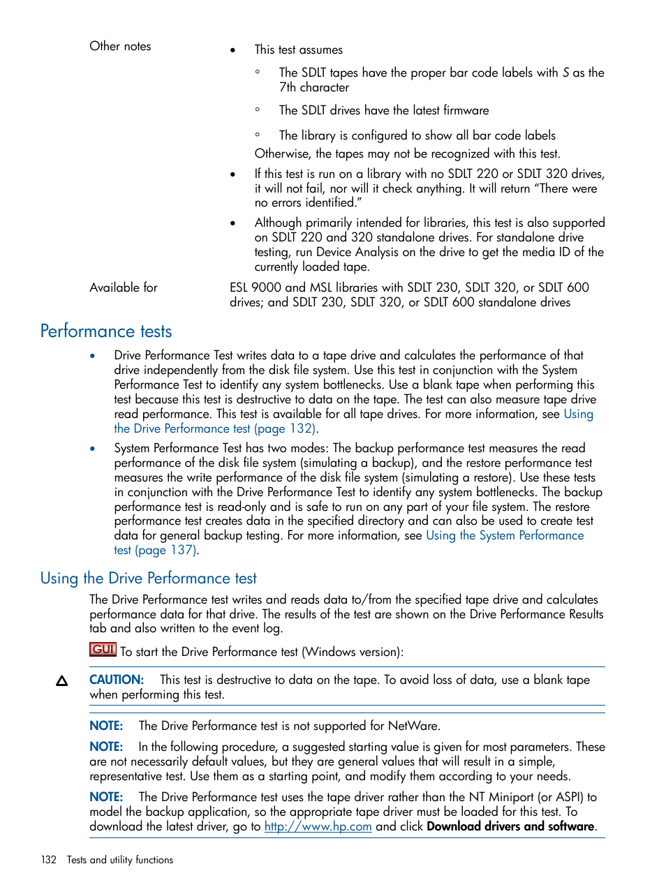 Performance tests, Using the drive performance test | HP StoreEver TapeAssure Software User Manual | Page 132 / 213