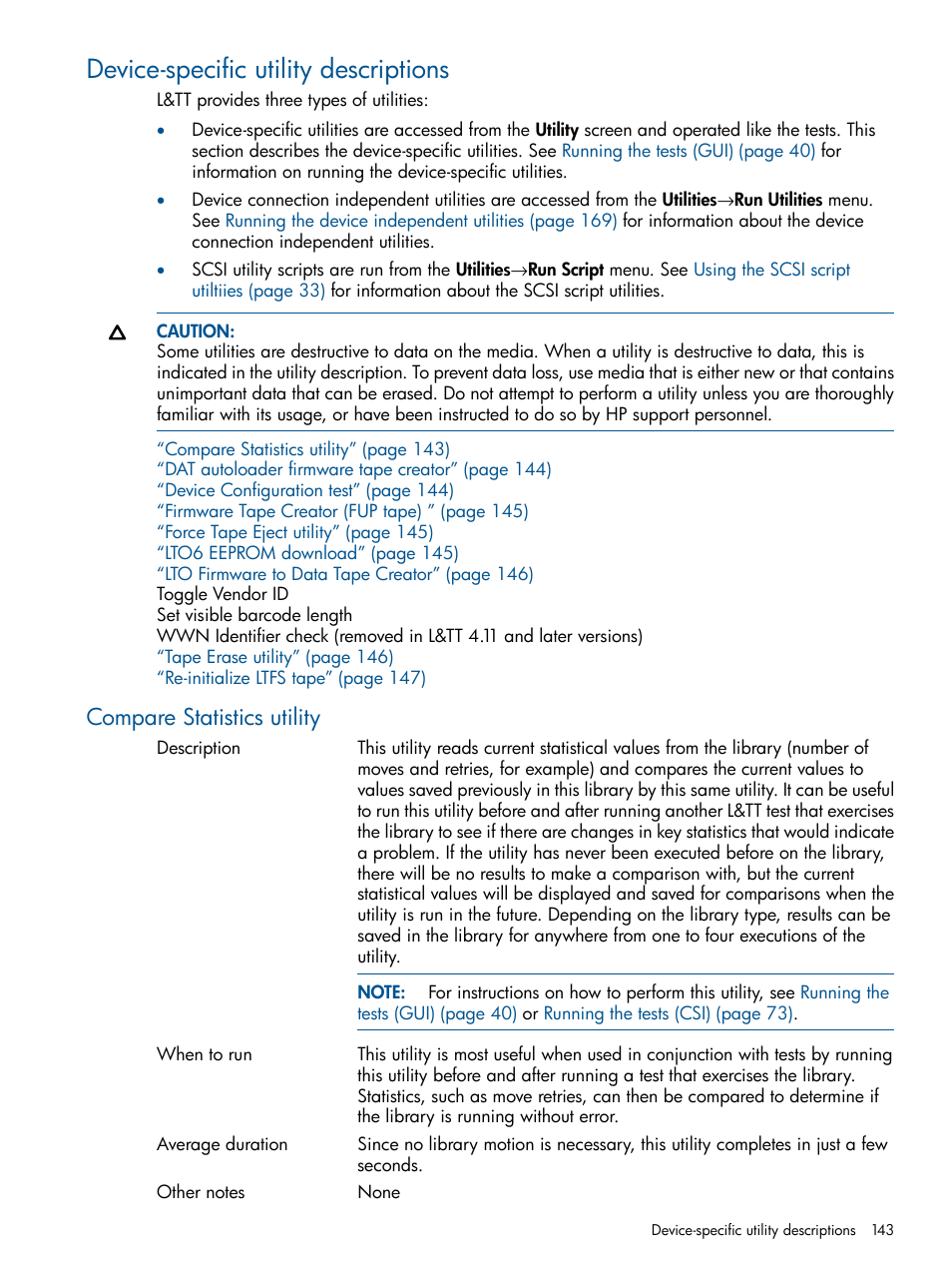 Device-specific utility descriptions, Compare statistics utility | HP StoreEver TapeAssure Software User Manual | Page 143 / 213