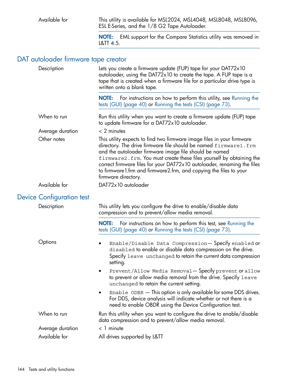 Dat autoloader firmware tape creator, Device configuration test | HP StoreEver TapeAssure Software User Manual | Page 144 / 213