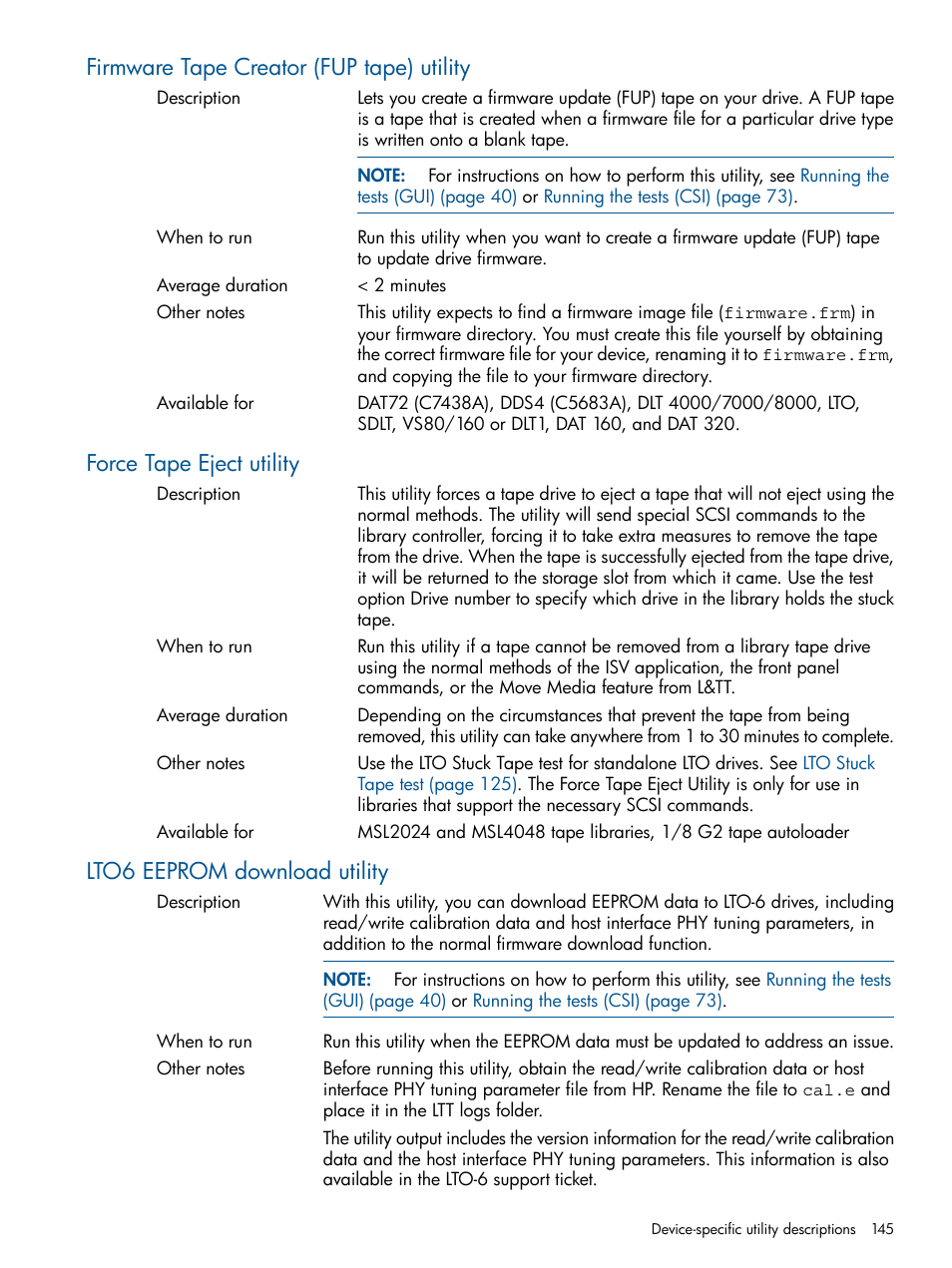 Firmware tape creator (fup tape) utility, Force tape eject utility, Lto6 eeprom download utility | HP StoreEver TapeAssure Software User Manual | Page 145 / 213