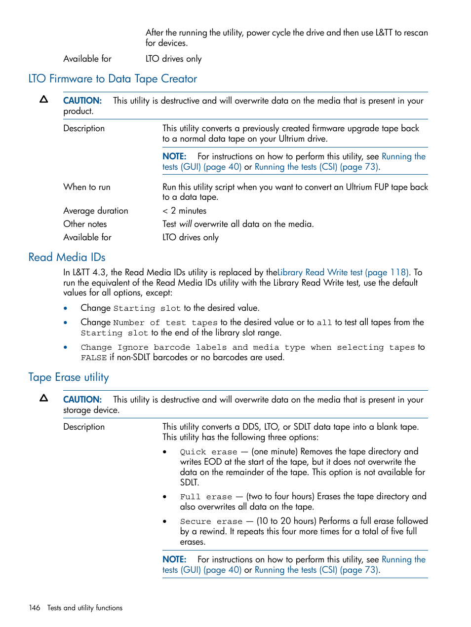 Lto firmware to data tape creator, Read media ids, Tape erase utility | HP StoreEver TapeAssure Software User Manual | Page 146 / 213