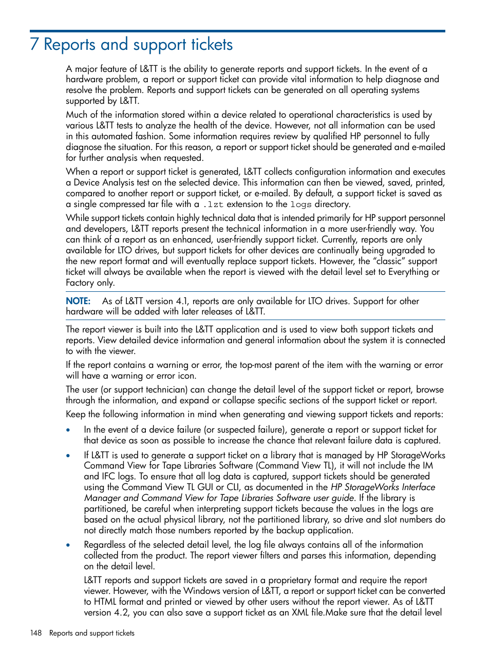 7 reports and support tickets, Reports and support | HP StoreEver TapeAssure Software User Manual | Page 148 / 213