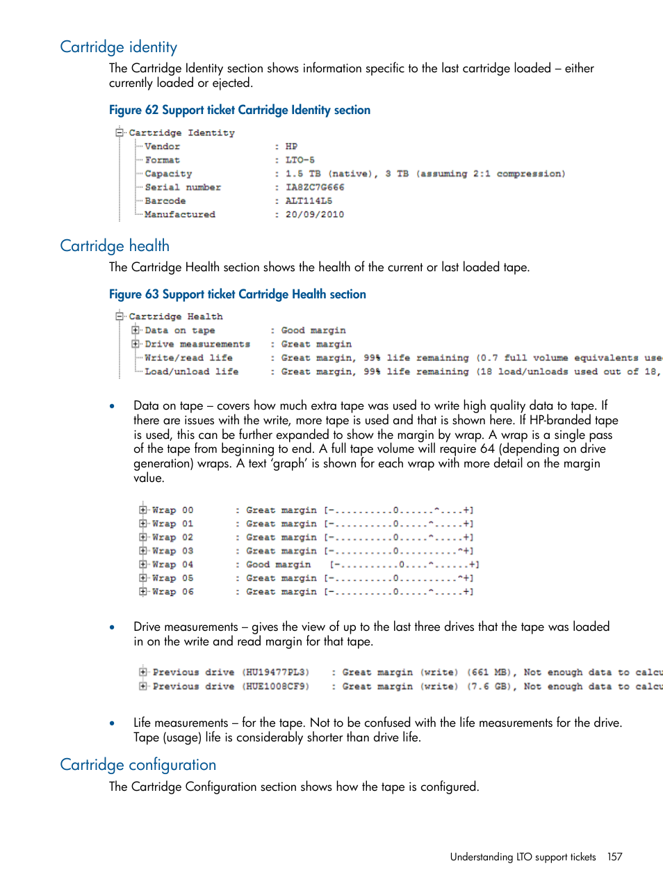 Cartridge identity, Cartridge health, Cartridge configuration | HP StoreEver TapeAssure Software User Manual | Page 157 / 213