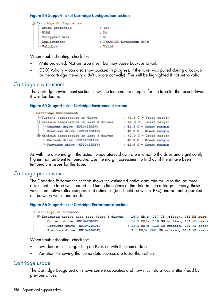 Cartridge environment, Cartridge performance, Cartridge usage | HP StoreEver TapeAssure Software User Manual | Page 158 / 213