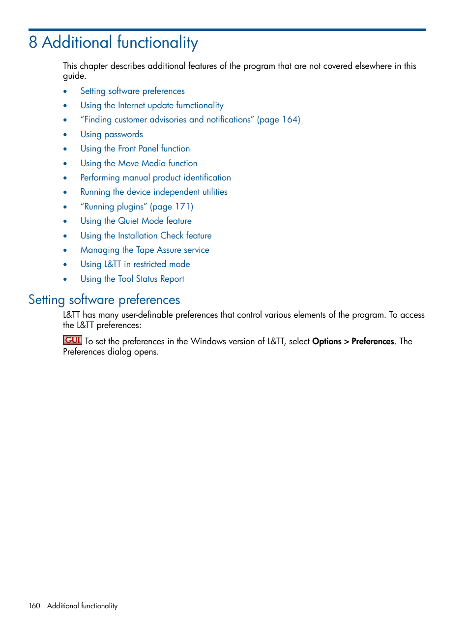 8 additional functionality, Setting software preferences | HP StoreEver TapeAssure Software User Manual | Page 160 / 213