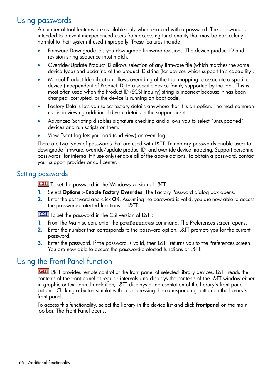 Using passwords, Setting passwords, Using the front panel function | Using | HP StoreEver TapeAssure Software User Manual | Page 166 / 213