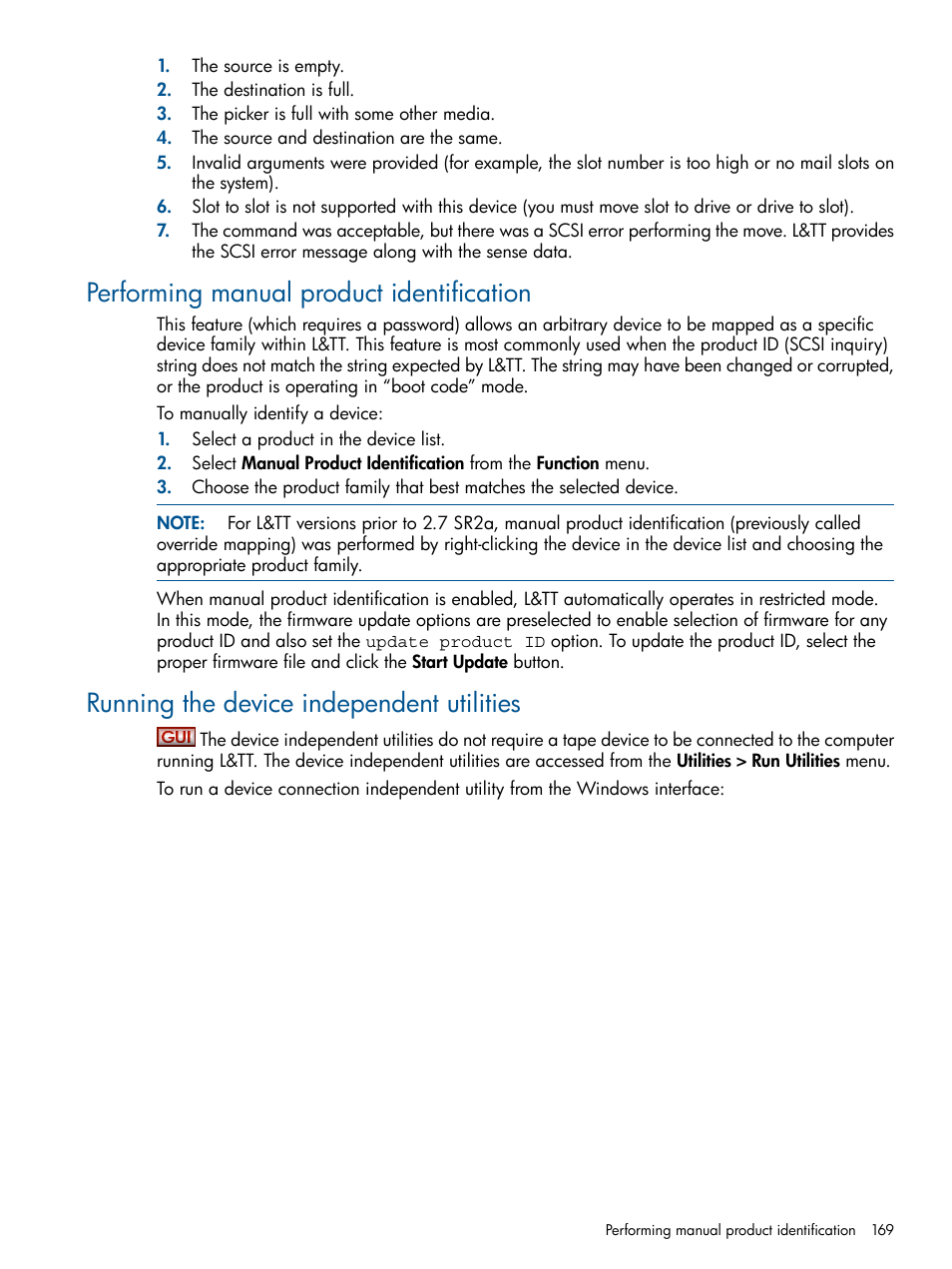 Performing manual product identification, Running the device independent utilities | HP StoreEver TapeAssure Software User Manual | Page 169 / 213
